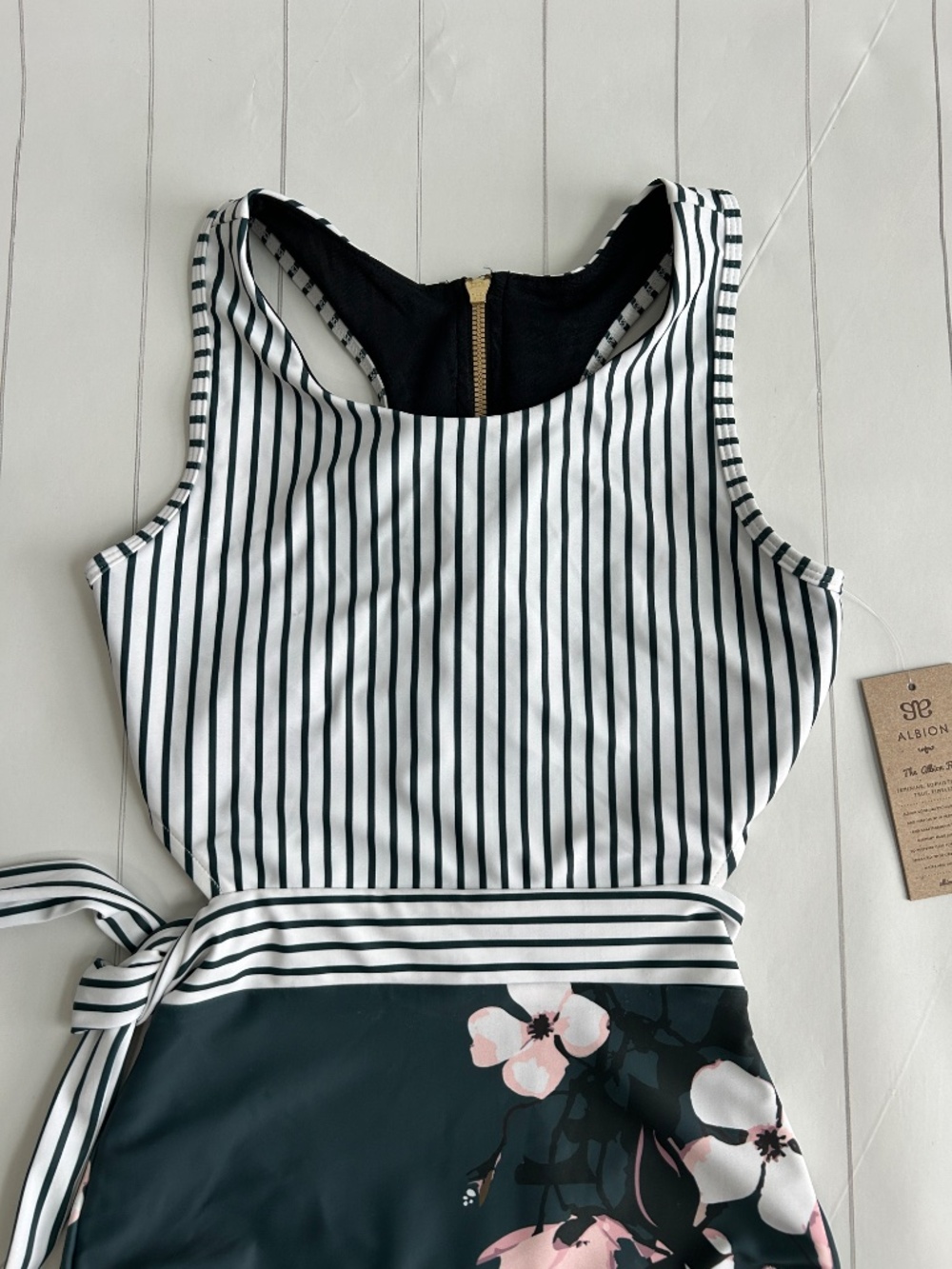 Albion size S Bon Voyage one piece swimsuit green stripe modest open back NEW - Picture 2 of 10